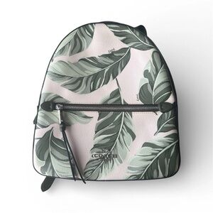 Coach Leaf Print Mini Backpack Green Ivory Canvas Leather Trim